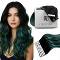 RUNATURE Ombre Tape in Hair Extensions Human Hair Off Black Fading to Teal Blue Tape ins Human Hair Extensions 16 Inch Straight Dark Green Extensions Hair Tape in Blue Full Ends 50g 20pcs