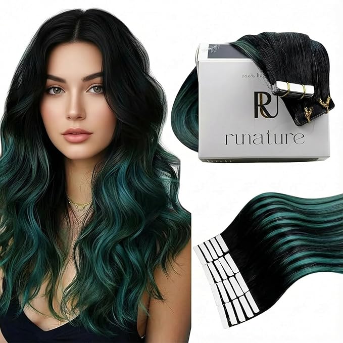 RUNATURE Tape ins Human Hair Extensions Balayage 14 Inch Straight Tape in Hair Extensions Human Hair Ombre Off Black Fading to Teal Blue Human Hair Tape in Extensions Short 14 Inch 40g 20pcs