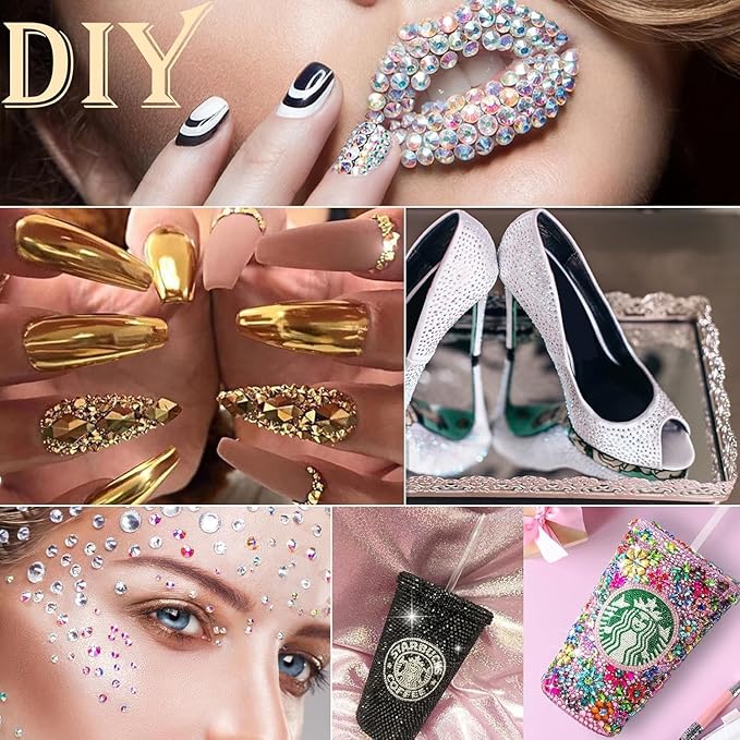Canvalite 2784Pcs Champagne Rhinestones Flat Back Gems, Nail Rhinestones Gems with Jewelry Glues Pick Up Tweezers and Rhinestone Picker Dotting Pen, Nail Art Tools for Nails, Clothes, Face, Craft