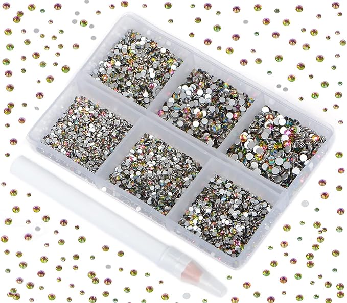Bymitel 7200 Pieces 6 Mixed Sizes Glue Fix on Glass Rhinestones Round Crystal Gems Flatback for DIY Jewelry Making with one Picking Pen(6-Sizes 7200PCS, Vitrail Medium)