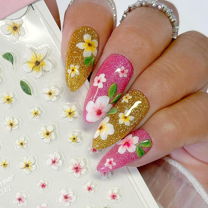 Daily Charme Nail Art 3D Self-Adhesive Nail Sticker Bundles for Nail Art Summer Fun Floral Nail Stickers Plumeria and Lemon Blooms Heart Sticker Decals Charming Design Accessories for Women DIY
