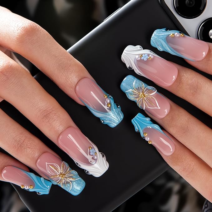 LOVFUL Short French Tip Press on Nails Glacial Blue | Handmade Acrylic Press ons| Reusable Fake False Nails | Square Classic Regular 1.3in | H714-L