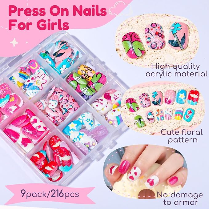 Teenitor 216pcs Kids Press On Nails for Girls, 9 Styles of 8-12 Years Girls Press On Nails for Kids, Full Cover Fake Nails for Little Girl, Short Acrylic Nails Set