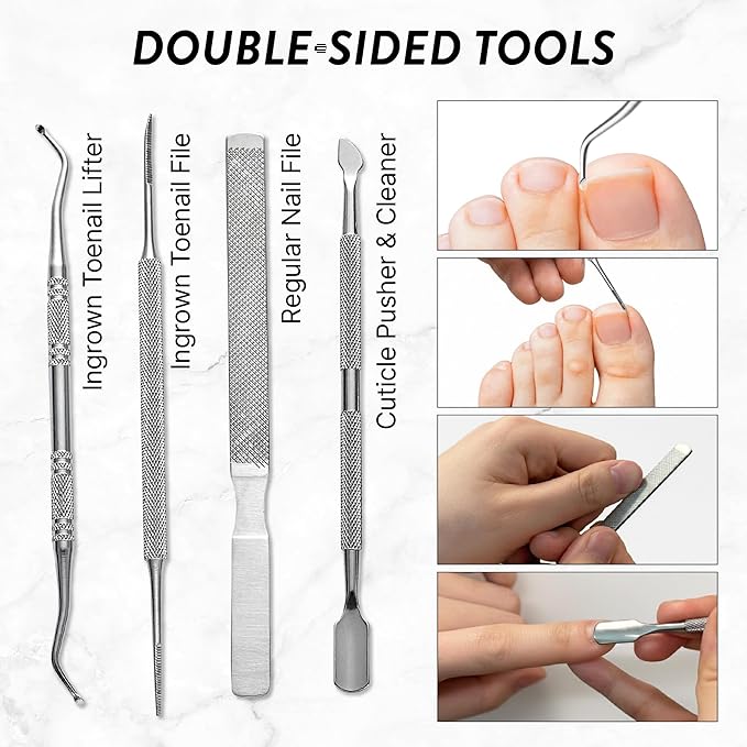 Ingrown Toenail Clippers for Seniors Thick Toenails, 7 Pcs Heavy Duty Large Pedicure Toe Nail Clipper Set with Wide Opening, Includes Nail Cutter, File, Lifter, Cuticle Pusher, Travel Case