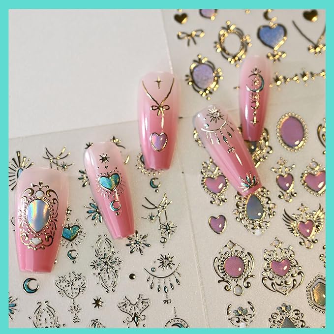 Holographic Heart Nail Art Stickers, Aurora Nail Decals, Self-Adhesive, Golden Nail Accessories for Women, Nail Decorations 3 Sheets