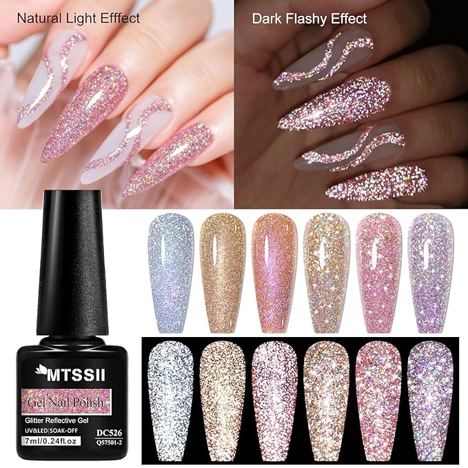 MTSSII 12 Pcs Reflective Glitter Gel Polish, Flash Dimond Pink Brown Nail Polish Winter Colors Sparkly Shiny Nail Art UV LED Curing Need Nail Gel for Manicure DIY and Salon