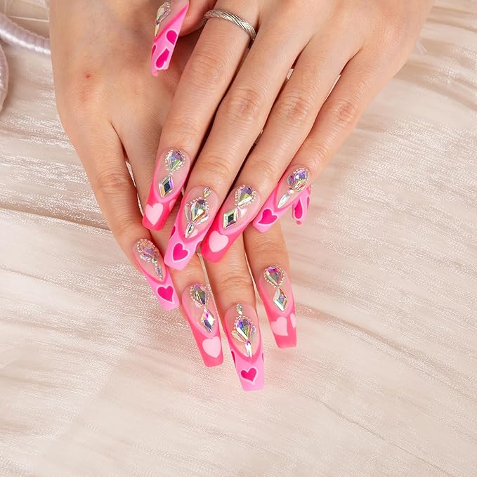 LOVFUL Press on Nails The Floating Romance French Tip | Handmade with Full Covered Crystals | Reusable Full Cover Nails | Coffin Classic Regular 1.3 in | H160-L