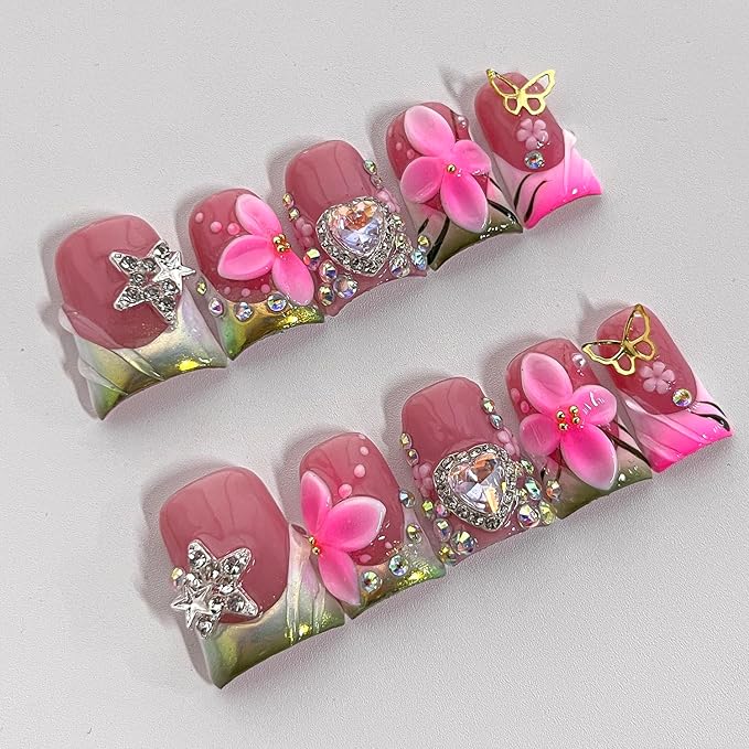 Handmade French Tip Press on Nails Short Duck 3D Thick Acrylic Nails Luxury False Nails with Rhinestones Flower Designs Pink Floral Fake Nail Sturdy Art Press on Nail 10Pcs(S)