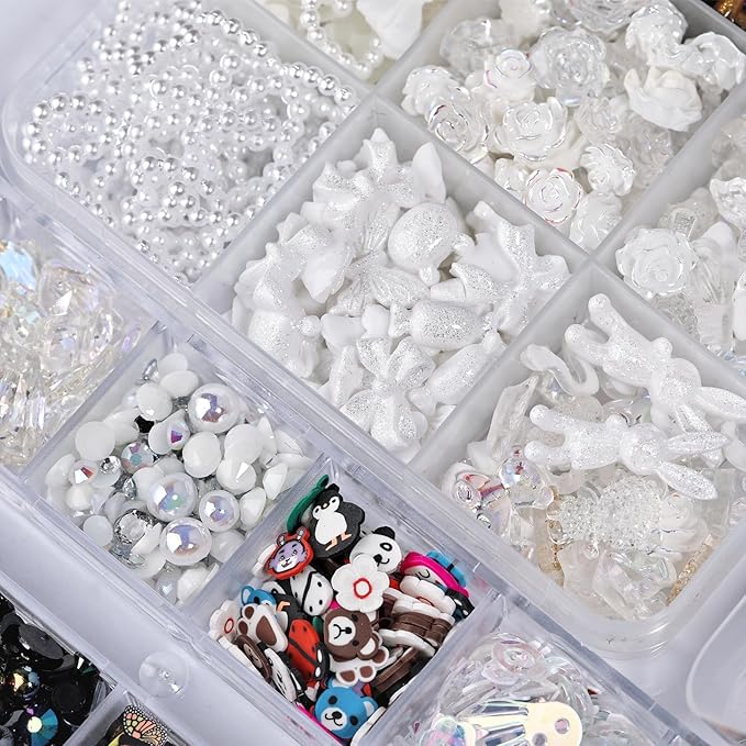 1400 Pieces 3D Butterfly Rose Flower Bow Rabbit Bear Nail Charms Kit with Nail Art Rhinestones Pearls Crystal Gems Nail Slices for Manicure DIY Crafts Jewelry Accessories (Black White)