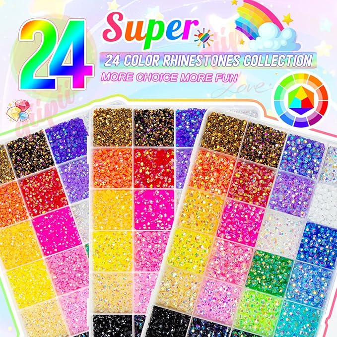 3 Boxes 24 Color 3mm 4mm 5mm Jelly Resin Rhinestones Flatback Colorful Stones Gems Diamonds Charms for Nails Face Makeup Bedazzling Crafting Tumblers Bottles DIY Crafts Clothes Shoes Phones