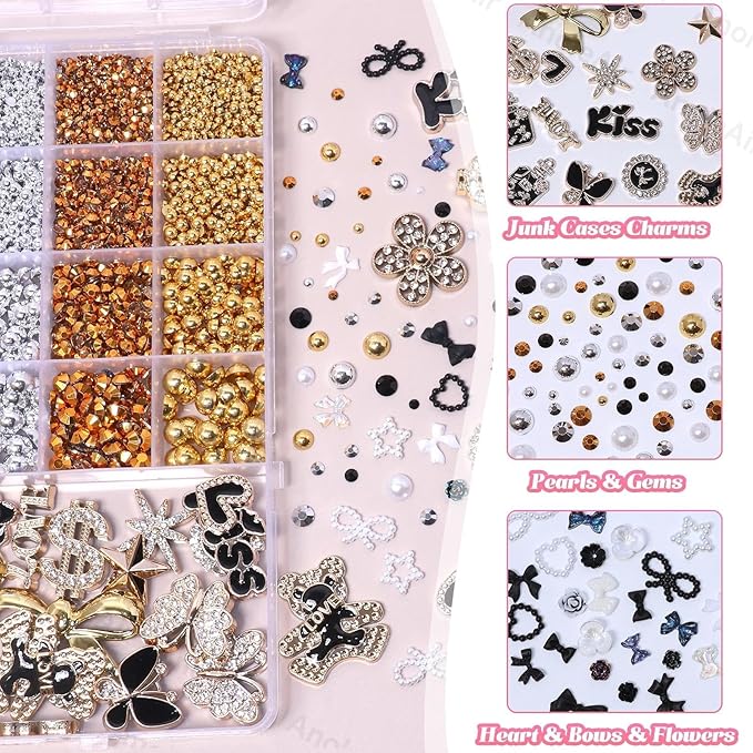 Magic Black Junk Case Charms Kit, Mixed Gold Silver Black Flatback Resin Pearls Rhinestones Bedazzling Kit, Punk Big Junk Phone Cases Charm, Heart Star Bow Flower Charms for Phone Case DIY Crafts