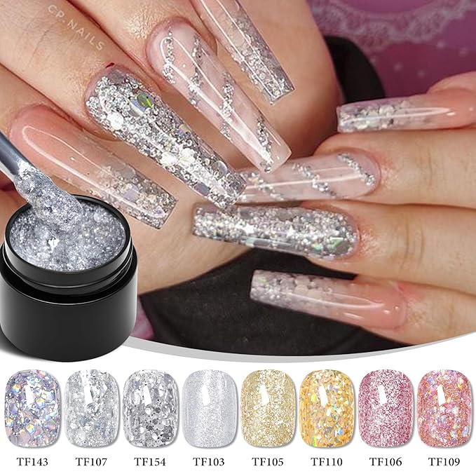 MEET ACROSS 9Pcs Glitter Gel Nail Polish Sliver Broken Gold Pink Flash Gel Polish Kit with Nail Brush, Soak Off UV LED Nail Art Salon & DIY Manicure at Home 8 Colors