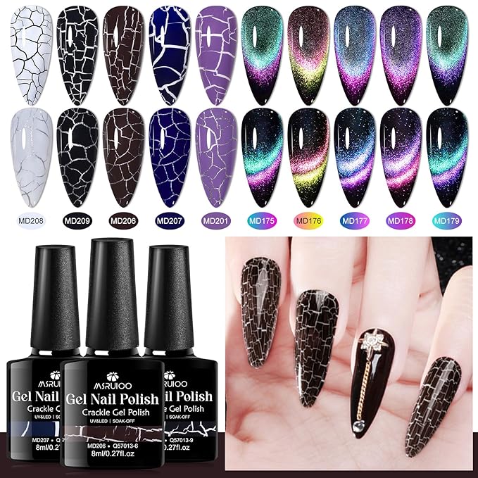 12PCS Crackle Gel Nail Polish + 9D Cat Eye Gel Polish Set Magic Black Crackle Nail Polish Magnetic Cat Eye Effect Manicure DIY Nail Art 10 Colors