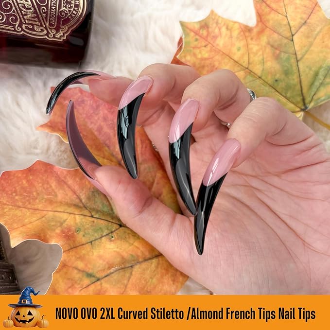 NOVO OVO Halloween Black XXL Curved Stiletto Almond French Tip Nail Tips Press on BERRY PINK, Full Cover Extra Thick Acrylic Hawk Curve Fake Extension Kit, No Nail Glue Included, 12 Sizes 144 pcs