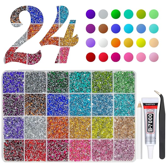 24000PCS 24 Color 3mm Crystal Resin Rhinestones Flatback SS10 Colorful Rainbow Stones Gems Diamonds for Nails Face Eyes Makeup Tumblers Bottles DIY Crafts Bedazzling Crafting Clothes Shoes