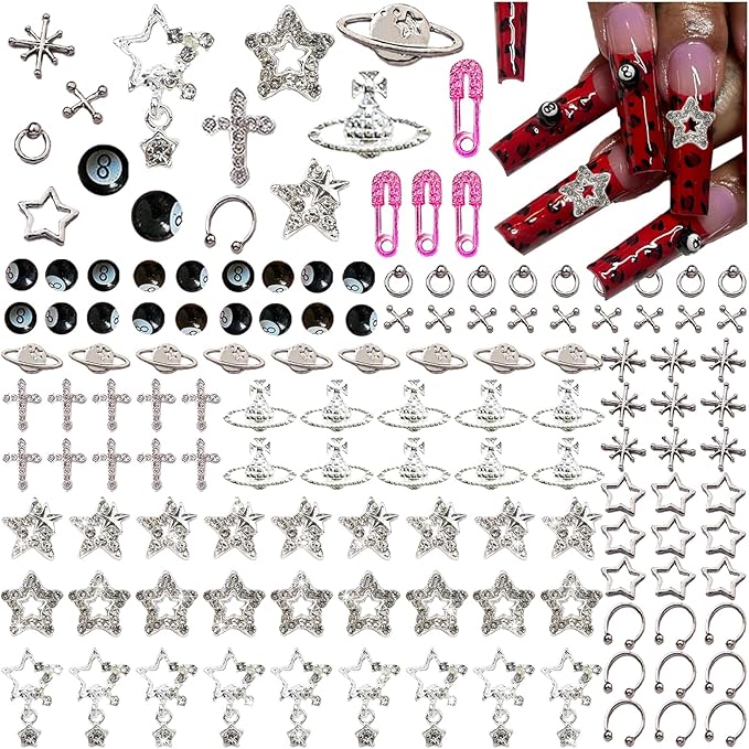 134PCS Nail Charms for Acrylic Nails,Silver Star Planet Cross Punk Pink Pin Billiards Nail Art Accessories,Nail Jewels for Nail Art Supplies Craft DIY