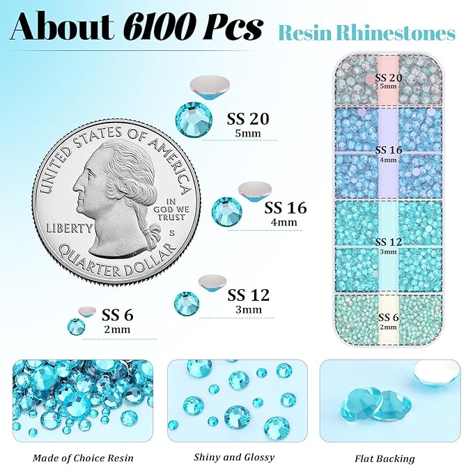 6100Pcs Resin Rhinestones for Crafting with 2Pcs 10ml B7000 Jewelry Glue, 1 Box Flatback Crystals Diamond (Teal Blue) for Bedazzling Crafts DIY Nail Art，Non Hotfix Gems for Clothing Shoes Tumblers