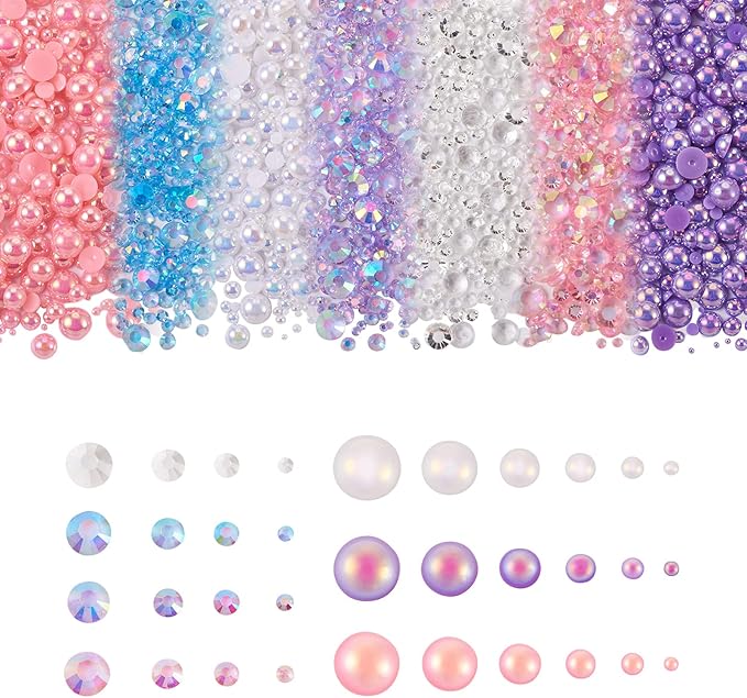 3400Pcs Flatback Resin Pearls Rhinestones, Mermaid Nail Gems AB Color Faux Pearl Beads Rhinestone Cabochons with Pickers Pen Tweezers for Nail Art Makeup