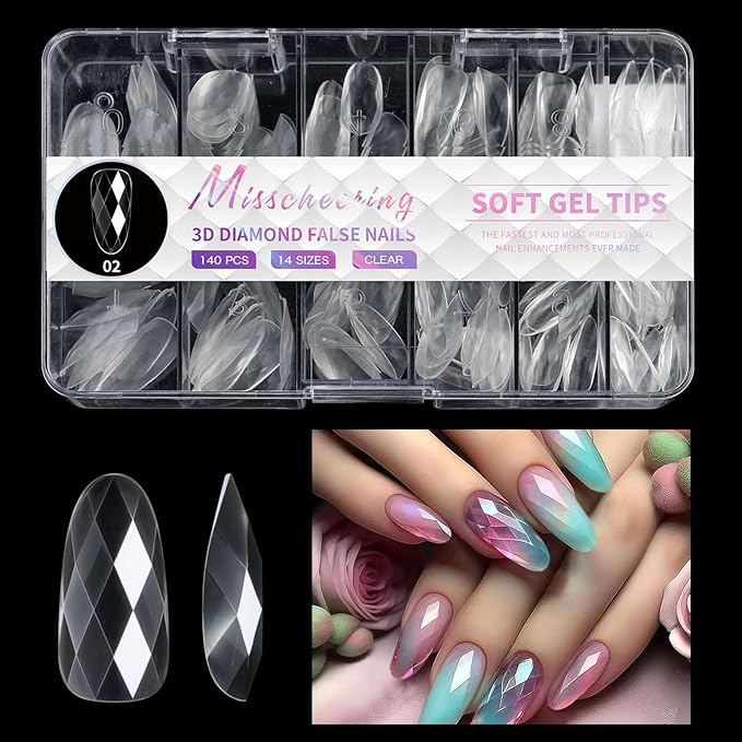 3D Diamond Shaped Polygel Nail, Extension Clear Full Cover False Nail Tips, Hybrid Gel Acrylic Nail, Diamond Fake Nails, 14 Sizes Building Artificial Press on Nail (style 2, 140pcs)