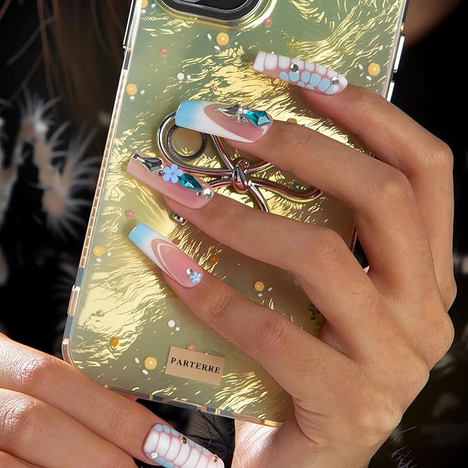 LOVFUL Short French Tip Press on Nails Glacier Jewel | Handmade Acrylic Press ons| Reusable Fake False Nails | Square Classic Regular 1.3in | H738-S