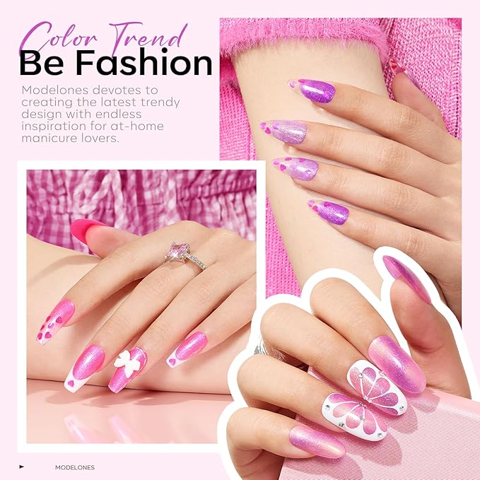 modelones Gel Nail Polish Set, 6 Colors Valentine's Day Pink Gel Polish Glitter Hot Pink Purple Shades Mermaid Love-heart Glitter Gel Polish Shimmer Galaxy Soak Off Nail Art DIY Gift For Women Girl