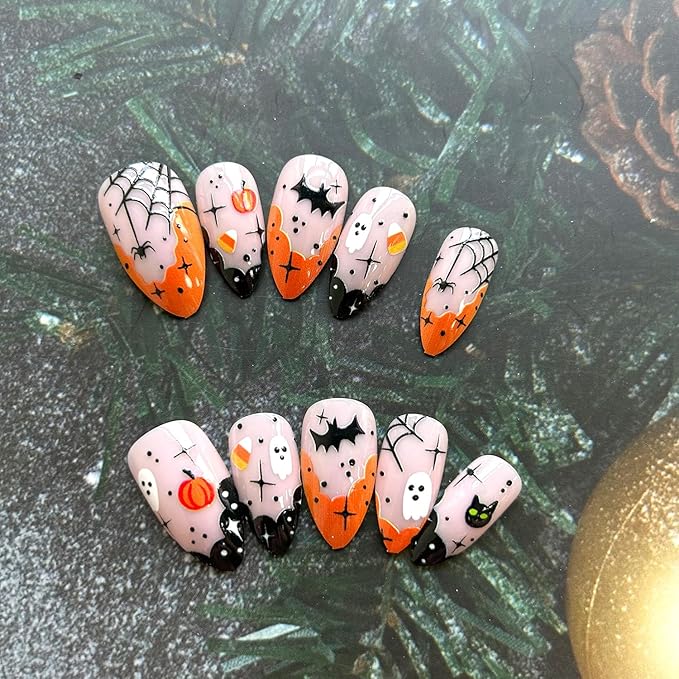 Halloween French Tip Press-on Nails With Cute Ghost & Pumpkin Pattern - Yellow and Black Acrylic Full Cover Almond Nails for Women - 24Pcs