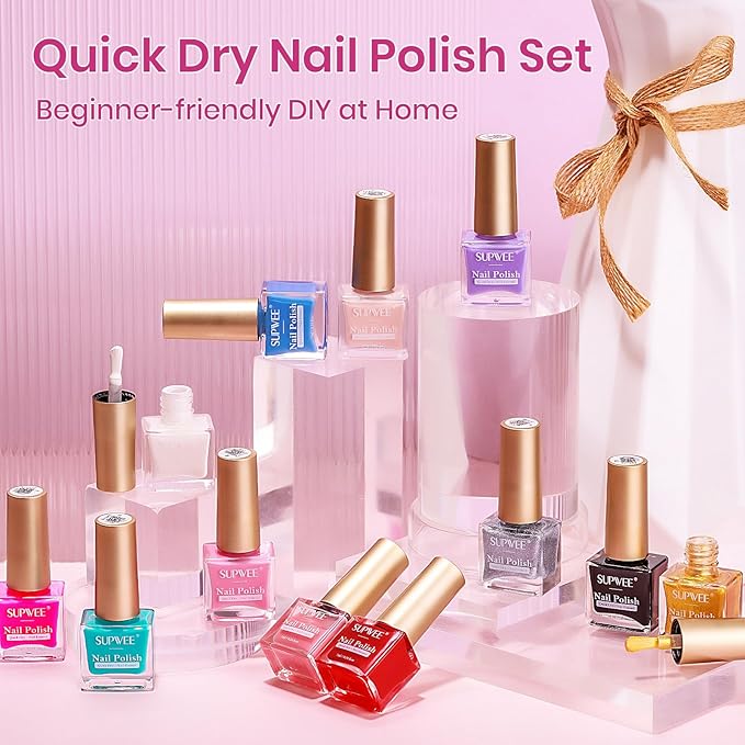 Regular Nail Polish Set Non Gel, Quick Dry Bulk Nail polish Non Gel, White Red Black Pink Colors Air Fast Drying Fingernail Lacquer for Women Girls Manicure Salon DIY Home