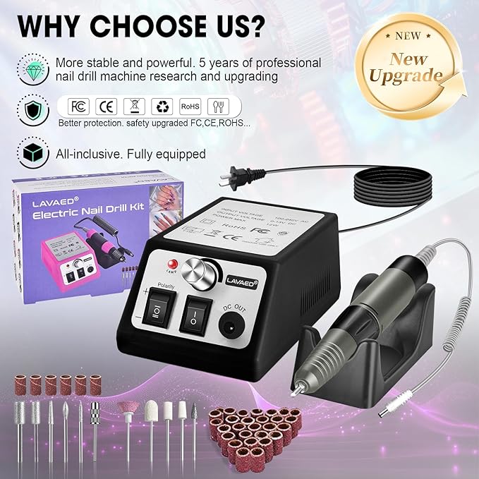 LAVAED Professional Nail Drill 35000RMP Electric Nail File Nail Filer Electric E Filer for Nails, Nails Drill Kit with Nail Drill Bits and Sanding Bands and for Acrylic Nail Gel Nail Manicure Pedicure