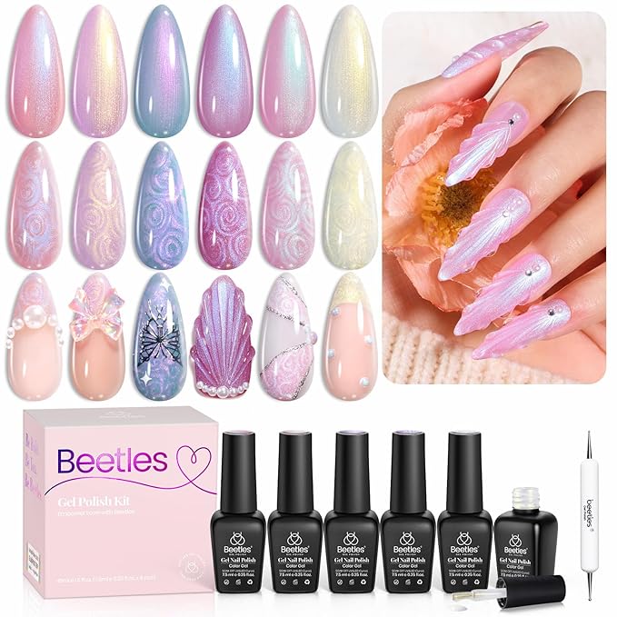 Beetles Pearl Gel Nail Polish Set – 6 Colors Swirl Pink Blue Purple White Nail Gel Collection, Swirl Shell Thread Effect Gel Polish Long Lasting Glossy Finish Soak Off UV LED for Nail Art