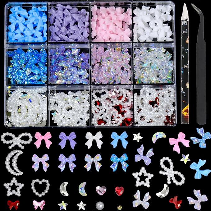 HNUIX - Bows Nail Charms, Multi Shaped, Colored 3D Bows, White Star Heart Moon Cute Nail Gems, Pearls & Rhinestones, Includes Tweezer & Pickup Tool