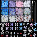 HNUIX - Bows Nail Charms, Multi Shaped, Colored 3D Bows, White Star Heart Moon Cute Nail Gems, Pearls & Rhinestones, Includes Tweezer & Pickup Tool