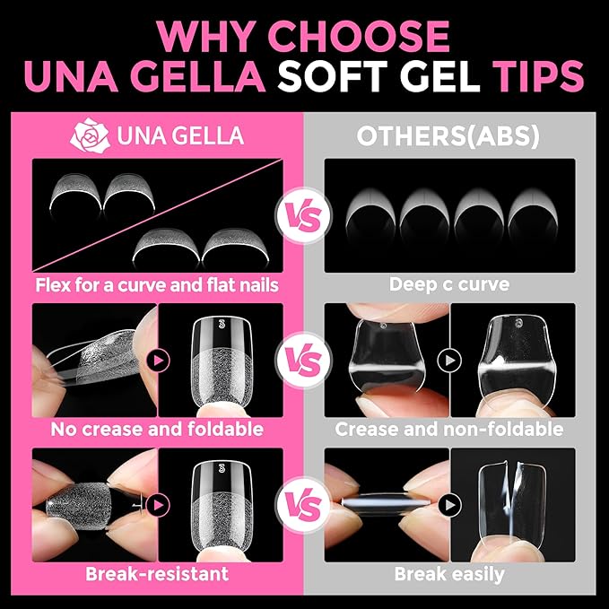 UNA GELLA Short Square Oval Round Nail Tips 216pcs Pre-Etched Short Square Round Oval Press on Nails Squoval Clear Acrylic Fake Full Cover Gel Nails Tips for Nail Extensions Home DIY Salon 12 Sizes
