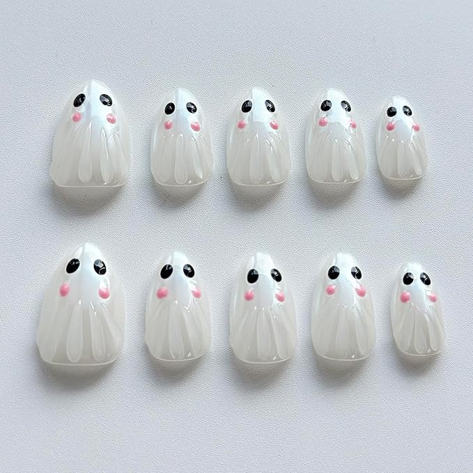 Halloween Press on Nails Short Almond Handmade Nails 3D Unique Reusable ABS Material Luxury Fake Nails Chrome Cute Little Shy Ghost False Nails with Designs Glossy Thick Acrylic Nails(S)