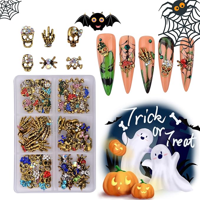 Halloween Nail Charms Rhinestones Decorations - 60Pcs/Box Multi Shape Halloween Nail Accessories Metal Punk Vintage Gold Nail Design for DIY Nail Art Craft