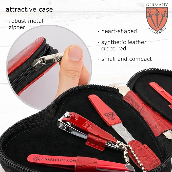 3 Swords Germany - brand quality 5 piece manicure pedicure grooming kit set for professional finger & toe nail care tweezers file clipper fashion leather case in gift box, Made by 3 Swords (17719)