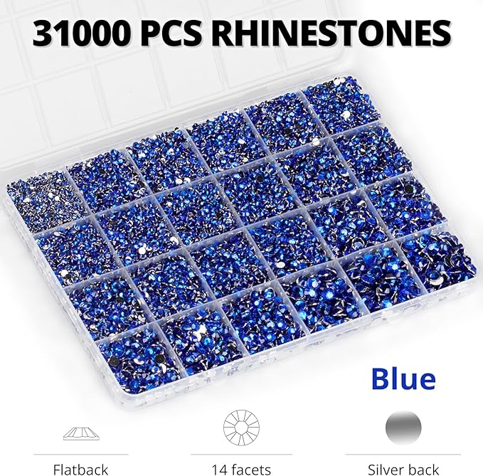33000Pcs Blue Rhinestones for Bedazzling, Bedazzler Kit with Flatback Craft Rhinestones Navy Royal Dark Blue Bulk and B7000 Glue, 2,3,4,5,6mm Resin Flat Back Crystals for Craftings, Clothes, Nails