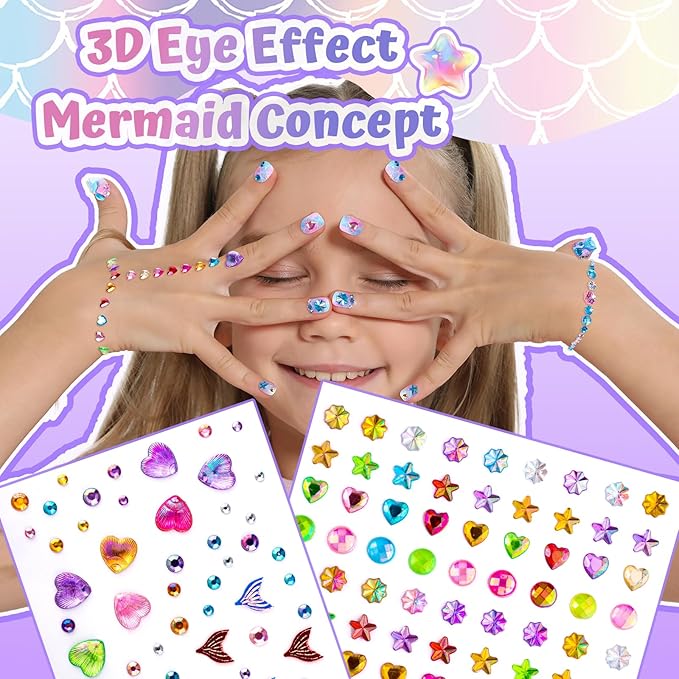 FANDAMEI Press On Nails for Girls, 12 Style Press On Nails for Kids, 6 Sheet Heart Fruit Flower Nail Stickers for Kids, 3D Rhinestone Stickers Face Gems Mermaid Colorful, Nail Art Kit for Girls