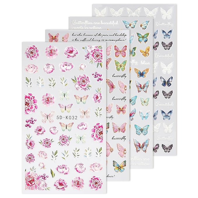 Colorful Butterfly Nail Art Stickers, Flower Nail Art Stickers 5D Embossed Decals for Women's Nail Design, Self-Adhesive Decoration