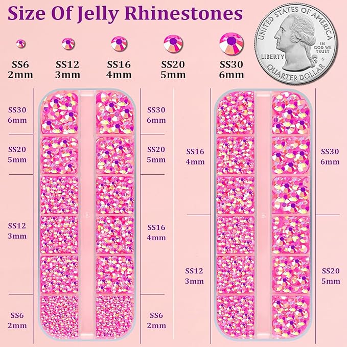 Resin Jelly Rhinestones for Crafting with B7000 Jewelry Glue, 2 Boxes Hot Pink AB Flatback Crystals with 3Pcs 10ml Glue, Bedazzling Non Hotfix Gems for DIY Tumblers Clothing Shoes Manicure