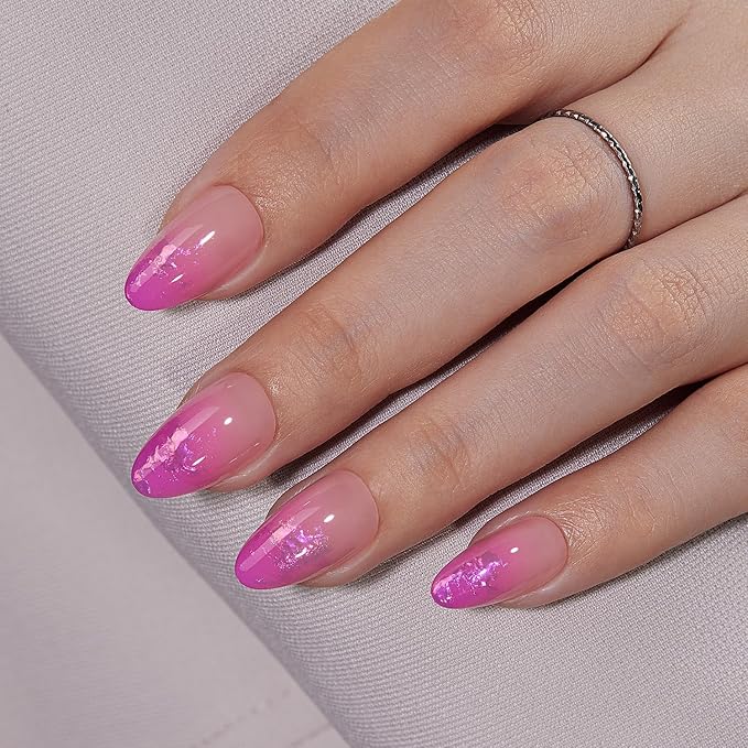 VSALON Almond Short Press On Nails, Hot Pink Aurora Ombre Light Curable Sheer Jelly Finish False Nails, Reusable Gel Glue on Nails Kit with Glue - 32 pcs in 16 Sizes