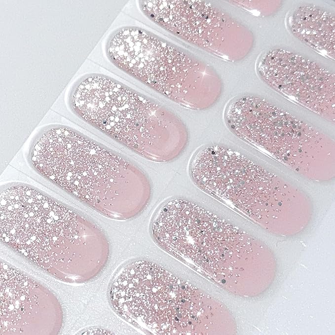 JMEOWIO Gel Nail Stickers Glitter Light Pink Cured Gel Nail Strips Wraps UV/LED Nails Art Design Decoration Accessories