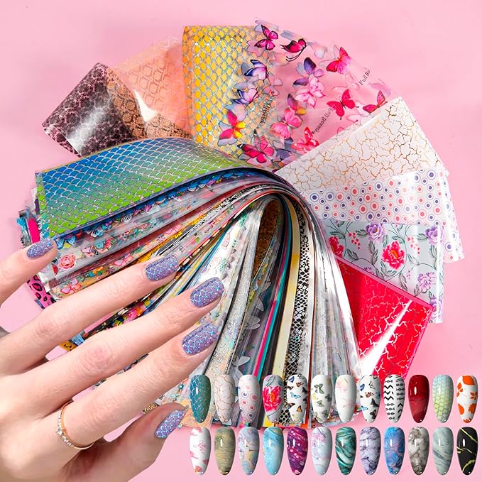 300 Sheets Nail Foils Transfer Nail Art Stickers Flower Butterfly Aurora Gradient Marbling Nail Foil Sheets Leopard Print Transfer Foil for Nails Decoration