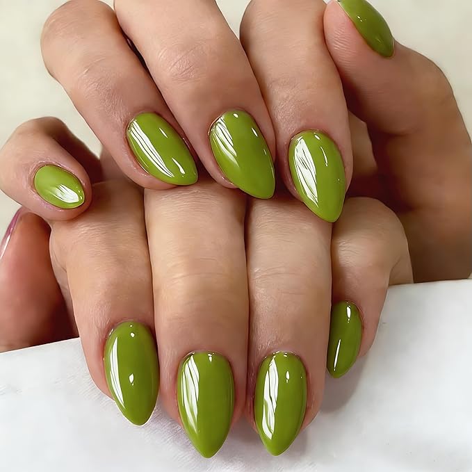 Chrome Sage Green Press on Nails Short Almond, Glazed Cute Fake Nails with Sparkle Mirror Design, Shiny Glitter Glue on Nails Stiletto, Gel Nail Press ons with Glue for Fingernail 30 Pcs