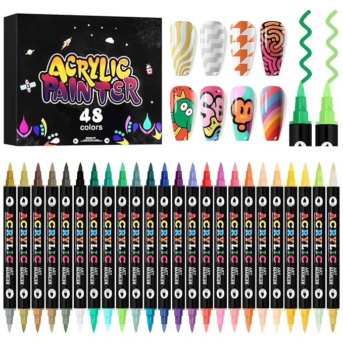 Kalolary 48 Colors Nail Art Pens Set,24PCS 3D Nail Polish Pens Double-Ended Acrylic Paint Pen Nail Art Markers Quick-Drying Nail Art Tools for Dotting Drawing Painting DIY Nail Art Beauty Manicure（F）