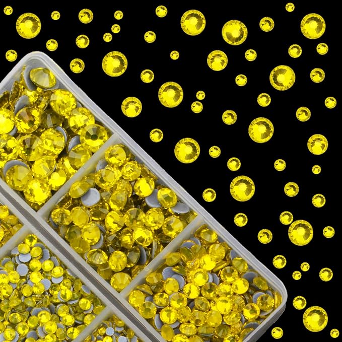 4000pcs Mixed Size Hot Fix Round Crystals Gems Glass Stones Hotfix Flat Back Rhinestones (Yellow)