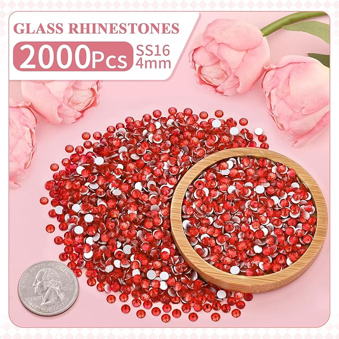2000PCS SS16/4mm Crystal Rhinestones (Light Red/Light Siam), Bedazzling Flatback Glass Rhinestones for Crafting, Gems Diomand for Tumbler Shoes Clothing Mugs Nail Art