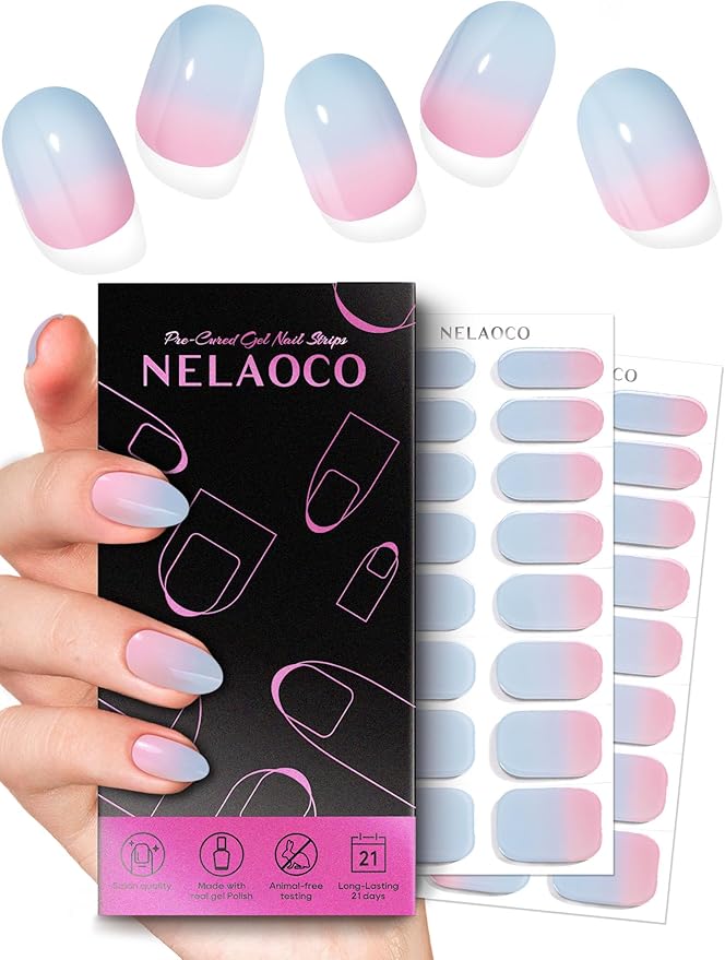 Nail Polish Strips – 32PCS UV Free Salon Quality Wraps, Long Lasting Gel Nail Stickers for Women (Ocean Sunrise Blue)