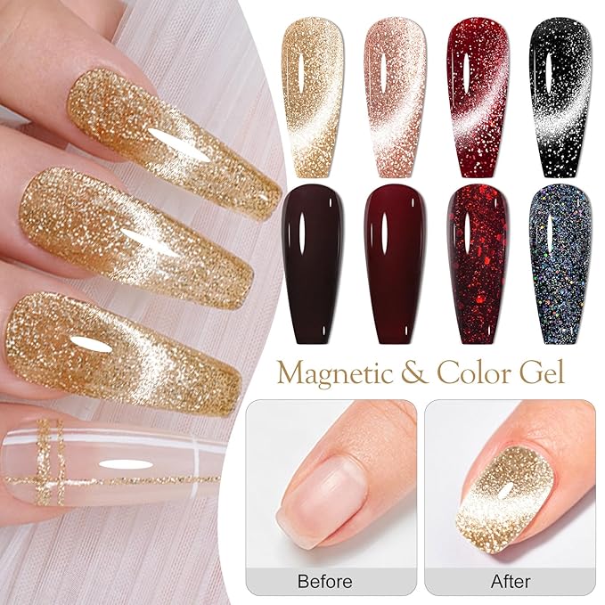 MEET ACROSS 8pcs Gel Nail Polish Set, Soak off UV LED Lamp Gel Nail Polish Cat Eye Set Home Gel Manicure Kit 7ml (Cat Eye + color Gel-4)