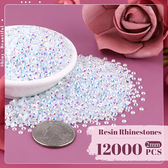 12000PCS 2mm Resin Jelly Rhinestones in Bulk (White AB), Bedazzling Flatback Crystals Rhinestones for Crafting DIY Nail Decoration, Gems Diomand Charms for Tumbler Shoes Clothing Fabric