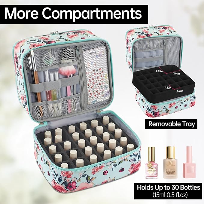 Buruis Double-Layer Nail Polish Organizer Bag, Holds 27 Bottles (15ML/0.5 FL.OZ or Larger), Nail Tools & Dryer Storage Case with Adjustable Dividers (Aqua Floral)